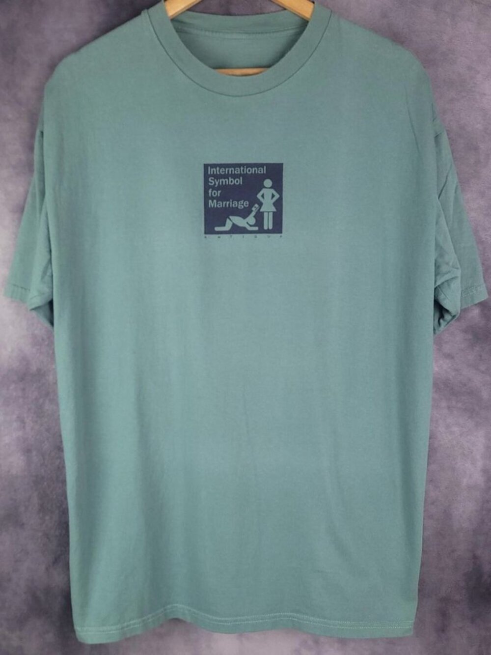 Y2K skater degenerate ironic comedy marriage Antigua sage green shirt